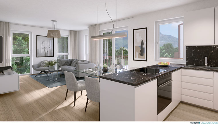 Visualisierung einer Innenraumgestaltung durch Must Group in der Berchtesgadener Strasse. Ansicht auf elegant eingerichtete Wohnküche mit weißen Schränken und hellgrauen Wohnmöbeln.